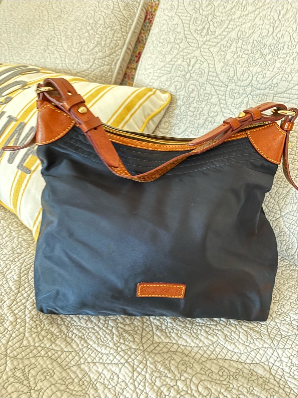 Dooney & Bourke Blue nylon Shoulder Bag with Brown Leather Trim